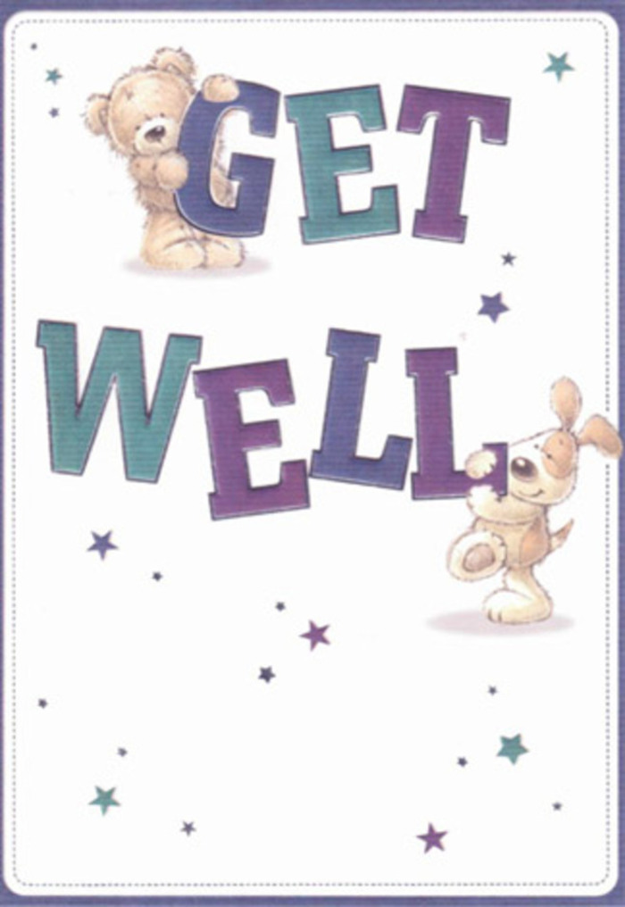 This get well card, reminiscent of the gentle community feel found near New Eltham's high street, is a beautifully illustrated gesture of support and hope. Central to the design are two playful companions: a cherubic bear, whose downy fur is painted in soothing browns, and its friend, a floppy-eared puppy with luminous, welcoming eyes. Together, they cradle and balance a series of oversized letters that spell 'Get Well' in a joyous array of shaded purple, teal, and aqua tones. Their soft, rounded forms radiate a tactile sense of hug-like comfort, while clusters of sparkling stars-awash in pastel lilacs and deep blues-scatter optimism over the scene. The pristine ivory background lets these vibrant elements sing, just as a well-curated bouquet brightens a quiet morning in New Eltham. Every detail-from the expressive faces of the characters to the confident, handcrafted typography-echoes the deliberate artistry familiar to local floral design, aiming to uplift and soothe in equal measure. This card's radiant mood and caring artistry make it ideal for sending strength and cheer, no matter the occasion or the age of the recipient.